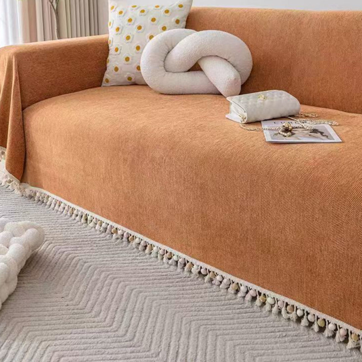 Herringbone Sofa Throw Cover with Pom Pom Tassels