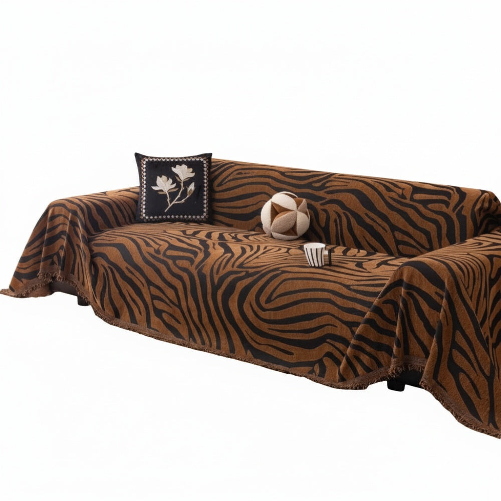 Zebra Print Chenille Sofa Throw with Tasselled Edges