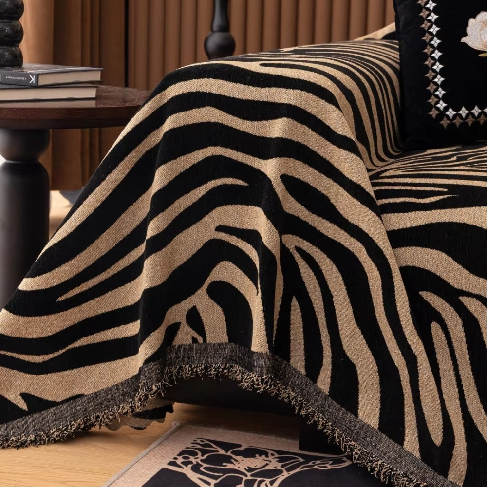 Zebra Print Chenille Sofa Throw with Tasselled Edges