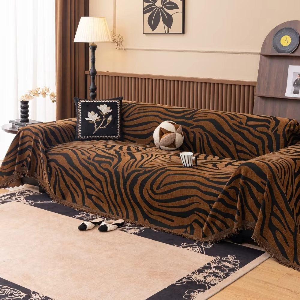 Zebra Print Chenille Sofa Throw with Tasselled Edges