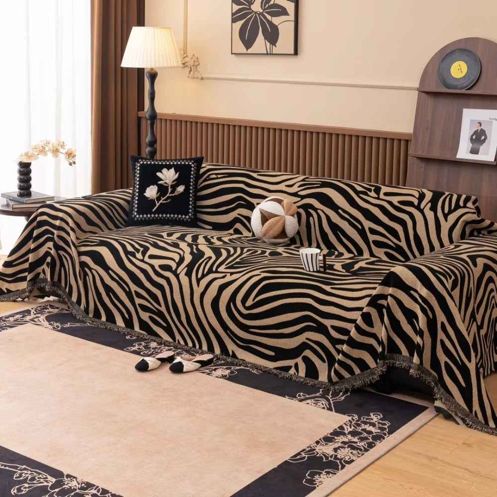 Zebra Print Chenille Sofa Throw with Tasselled Edges