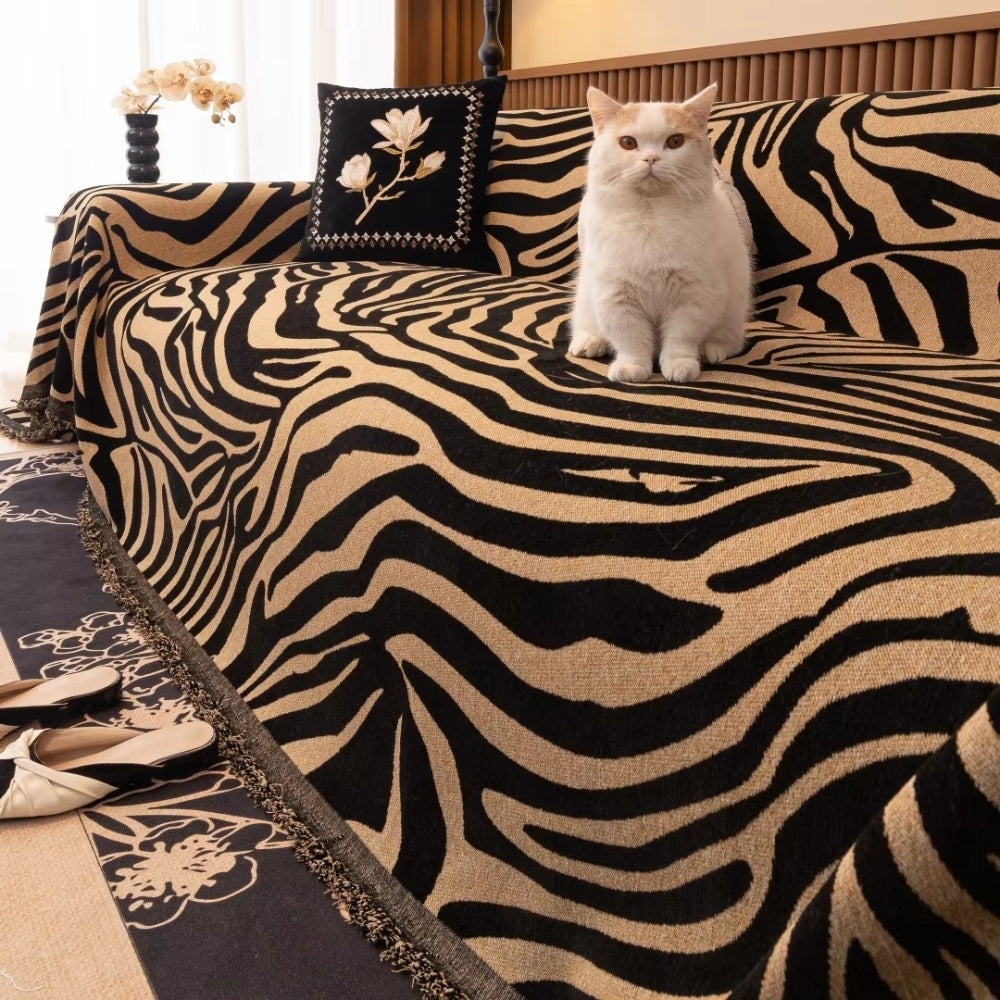 Zebra Print Chenille Sofa Throw with Tasselled Edges