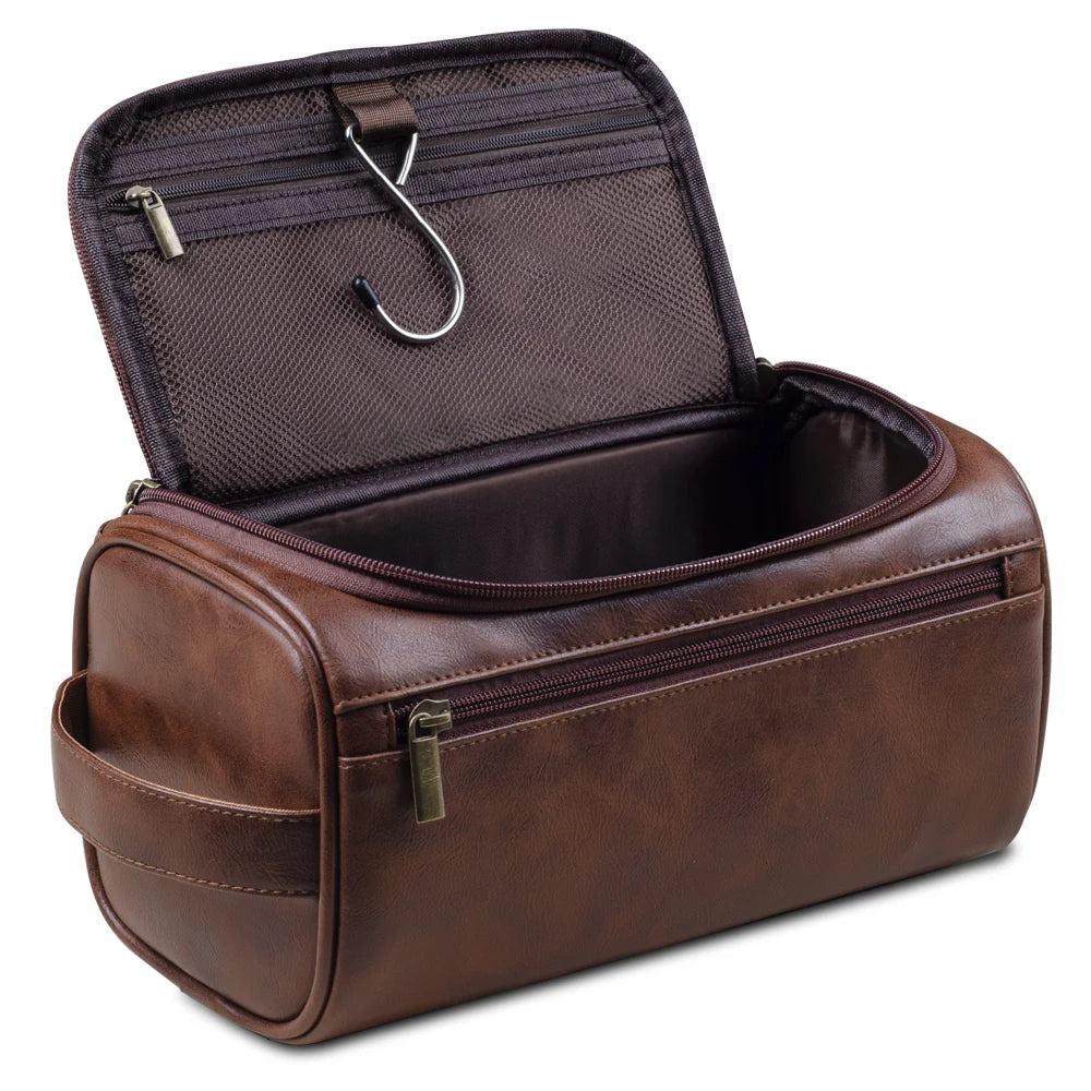 Leather Look Hanging Wash Bag with Metal Hook and Compartments