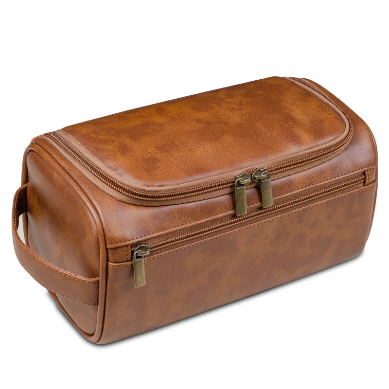 Leather Look Hanging Wash Bag with Metal Hook and Compartments
