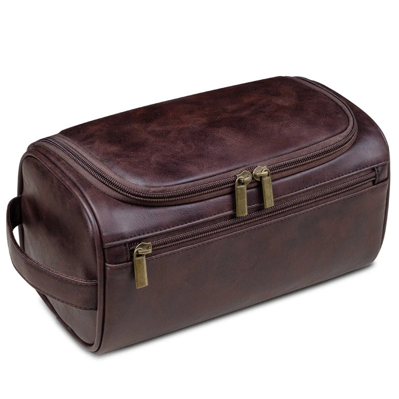 Leather Look Hanging Wash Bag with Metal Hook and Compartments