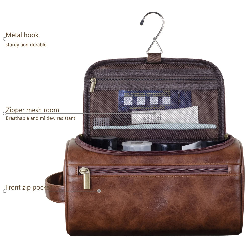 Leather Look Hanging Wash Bag with Metal Hook and Compartments