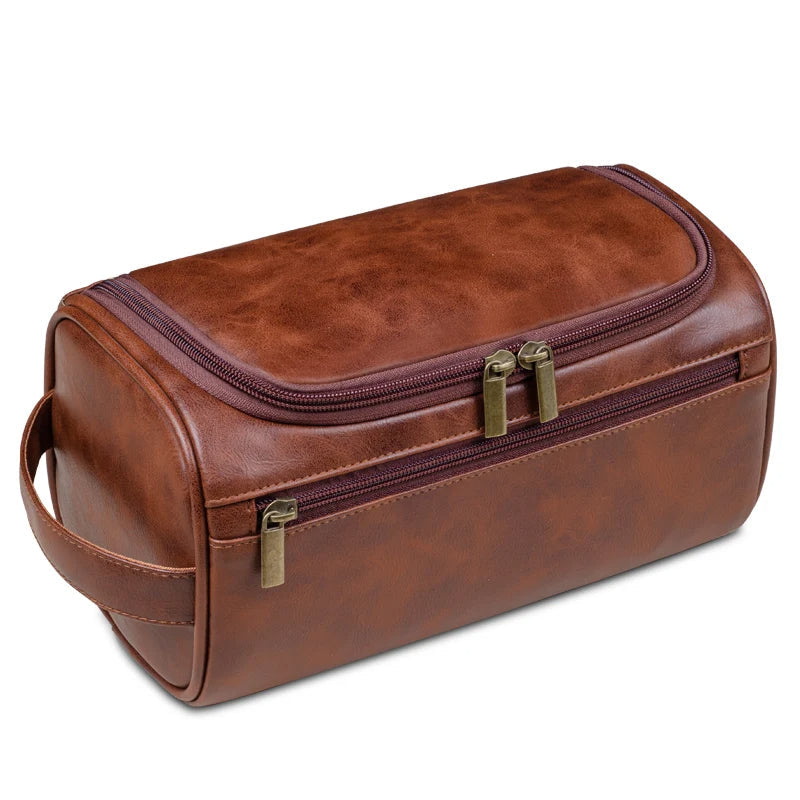 Leather Look Wash Bag 25x13x13cm, Waterproof with Hanging Hook