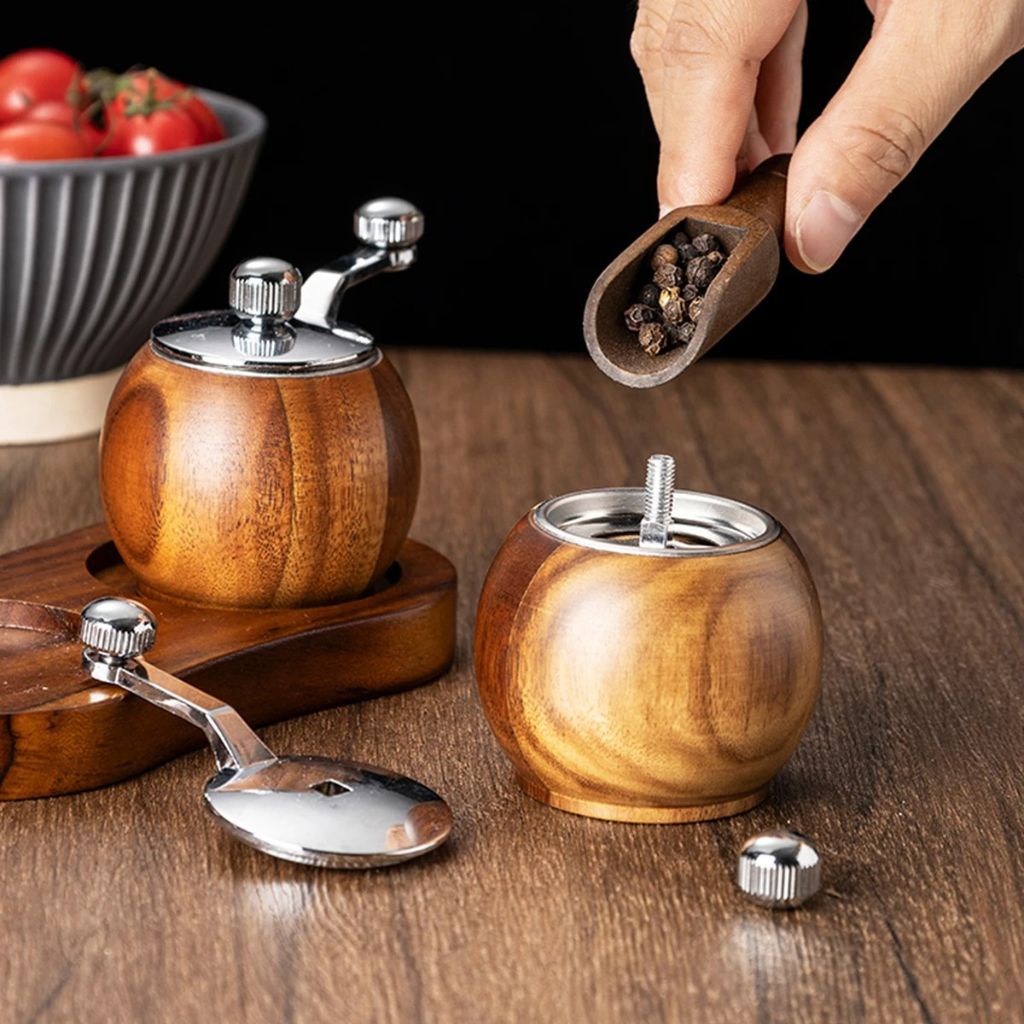 Wooden Salt and Pepper Mill Set with Stand and S/P Marks
