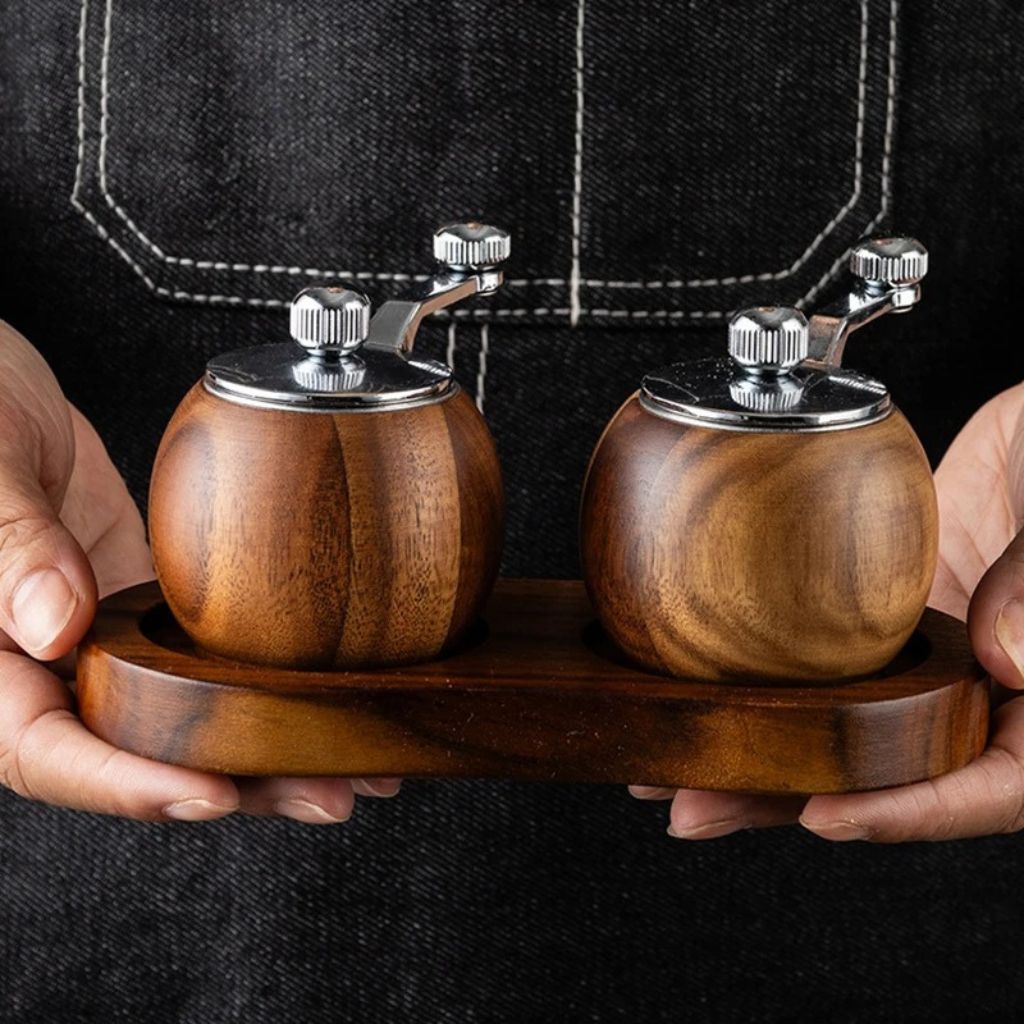 Wooden Salt and Pepper Mill Set with Stand and S/P Marks