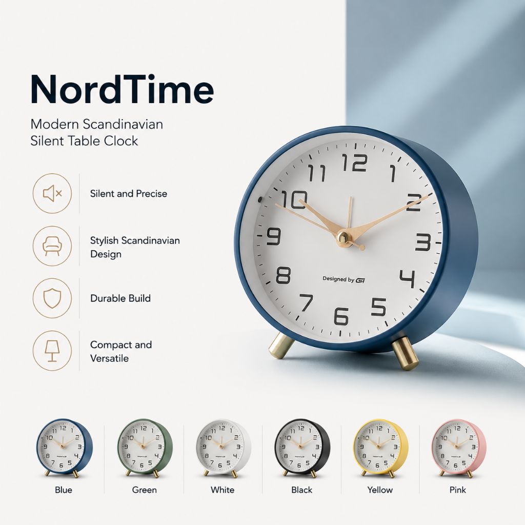 Silent Metal Table Clock 12cm, Scandinavian, Six Colours