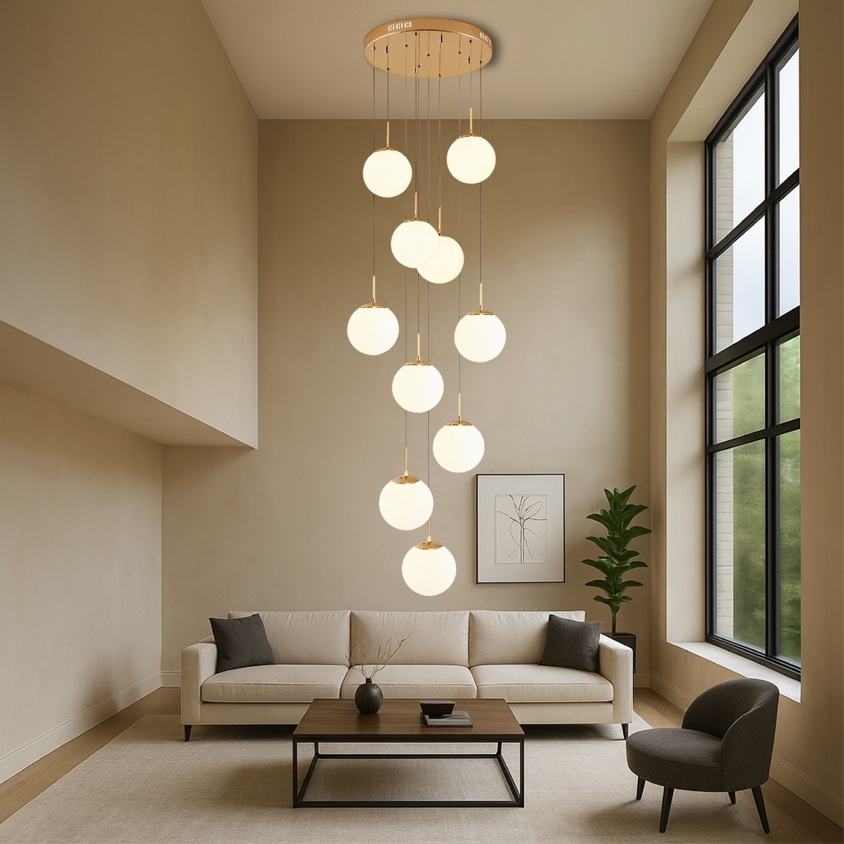 Cascading Glass Globe Chandelier with 10 Lights, Adjustable