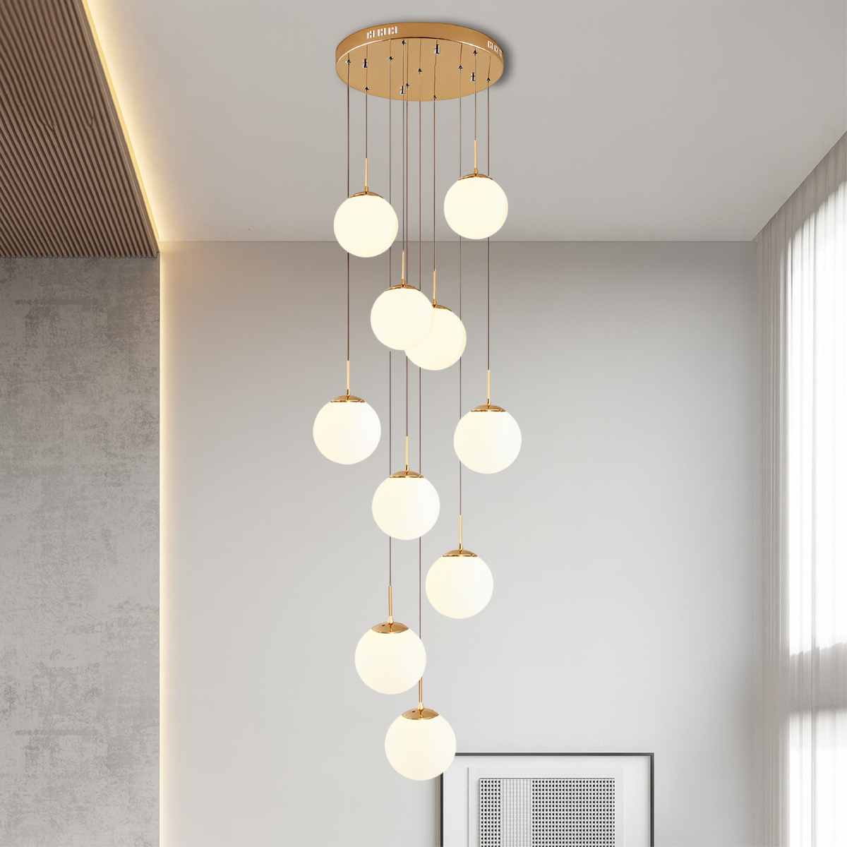 Cascading Glass Globe Chandelier with 10 Lights, Adjustable