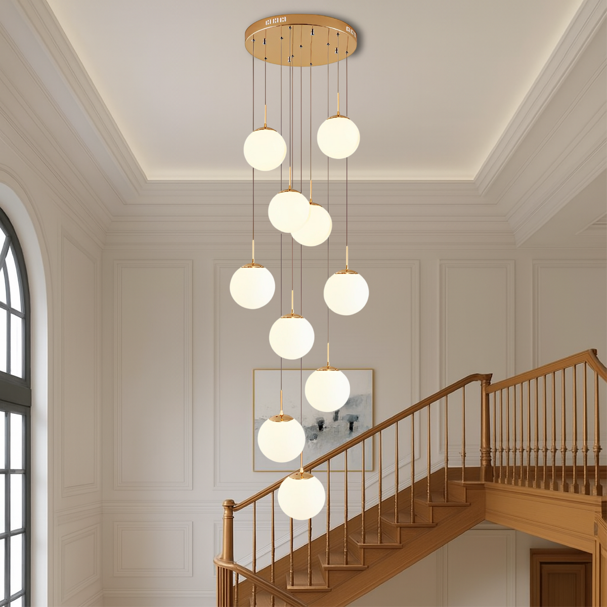 Cascading Glass Globe Chandelier with 10 Lights, Adjustable