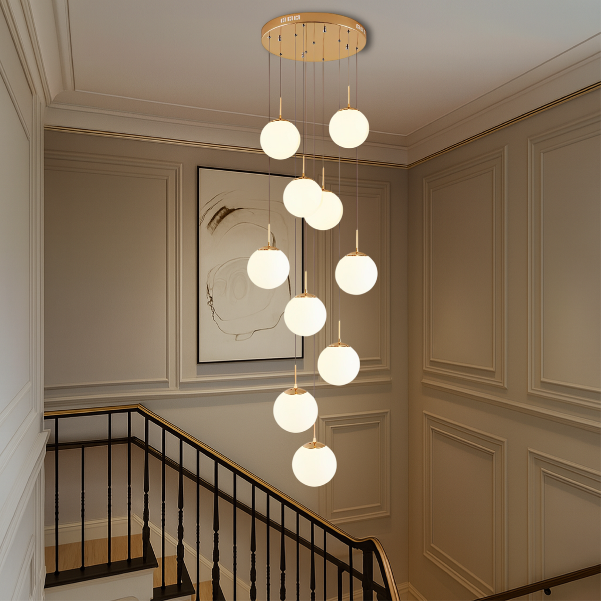 Cascading Glass Globe Chandelier with 10 Lights, Adjustable