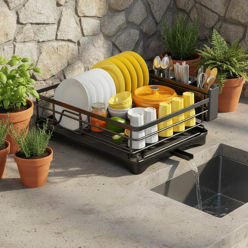 Dish Drainer Rack with Built-In Drip Tray, 42 cm Wide