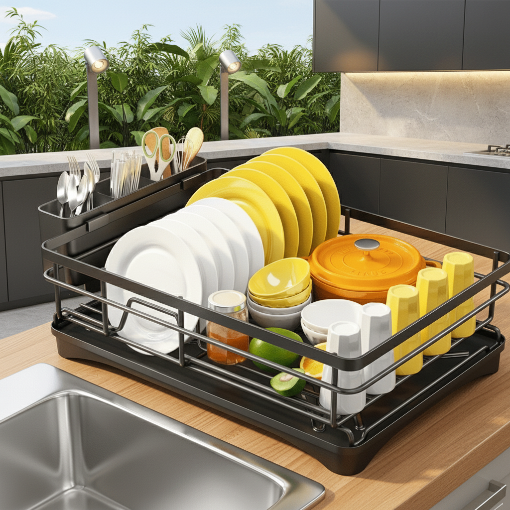 Dish Drainer Rack with Built-In Drip Tray, 42 cm Wide
