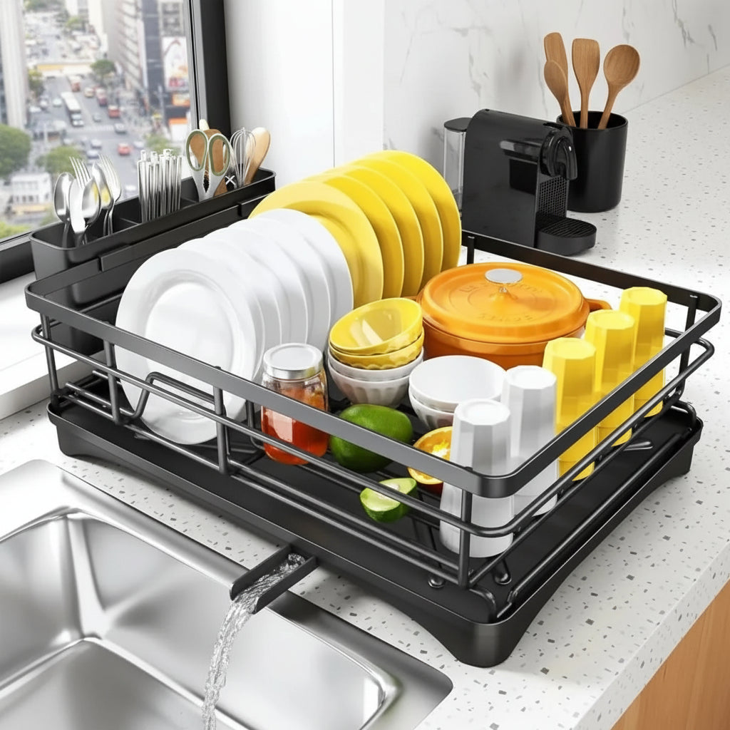 Dish Drainer Rack with Built-In Drip Tray, 42 cm Wide