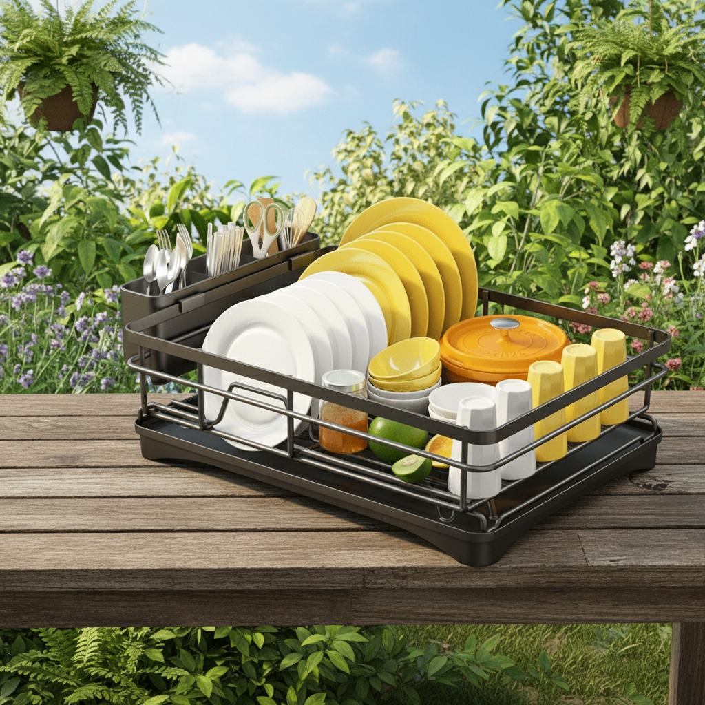 Dish Drainer Rack with Built-In Drip Tray, 42 cm Wide