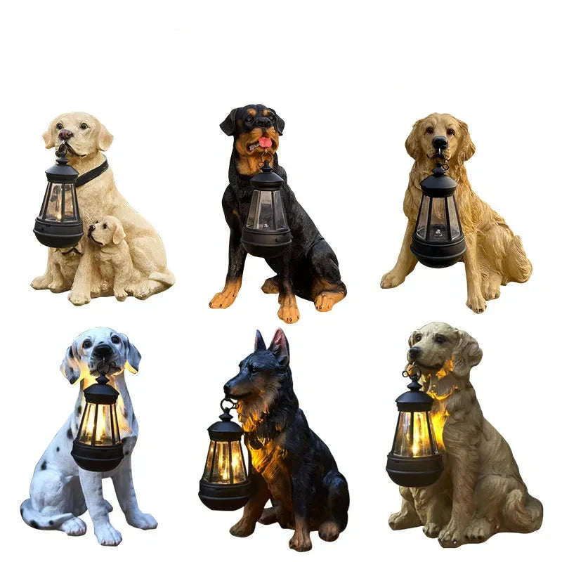 Solar Dog Statue Garden Light with Lantern, Five Breeds