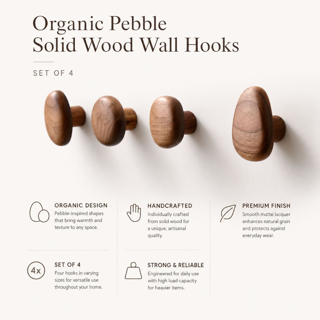 Organic Wooden Wall Hooks, Set of 4 in Walnut or Beech