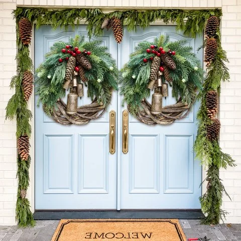 Rustic Christmas Wreath with Pine Cones and Gold Bells, 43cm