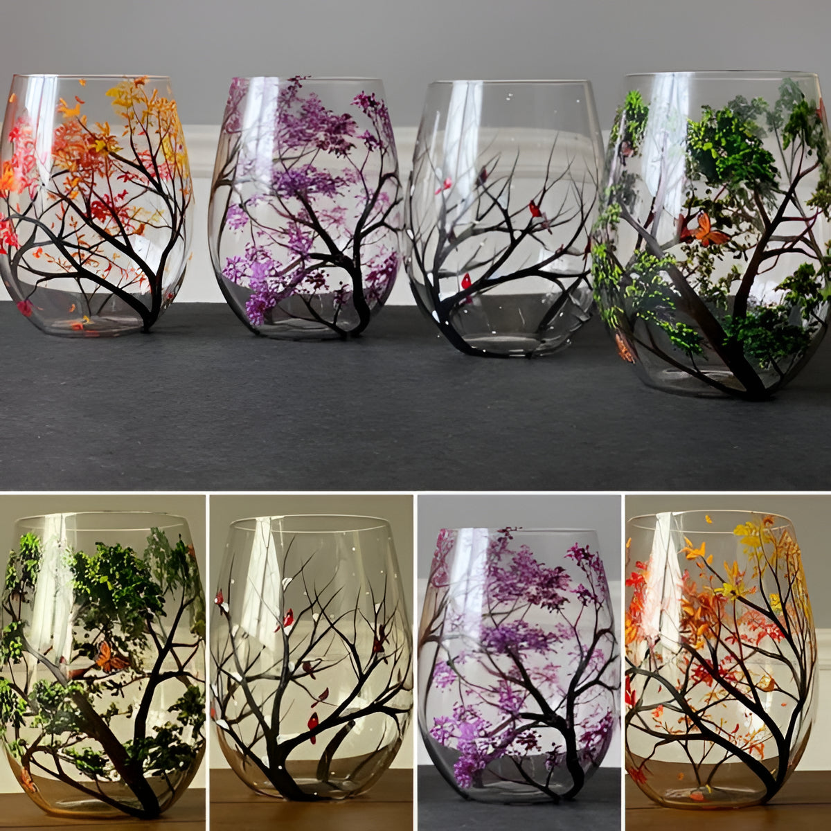 Hand-Painted Four Seasons Wine Glasses, 350ml, Stem or Stemless