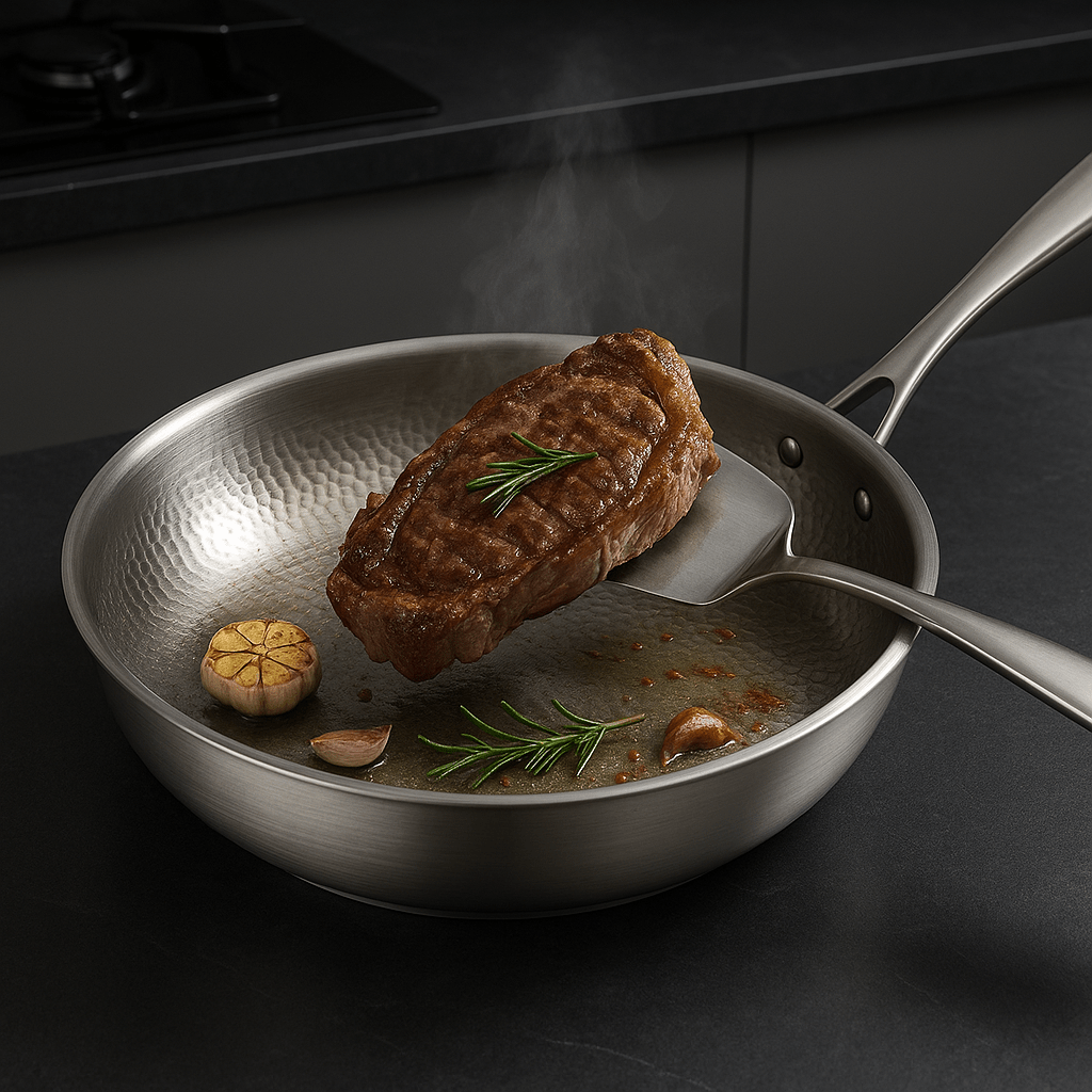 Uncoated Tri-Ply Stainless Steel Frying Pan, Hammered