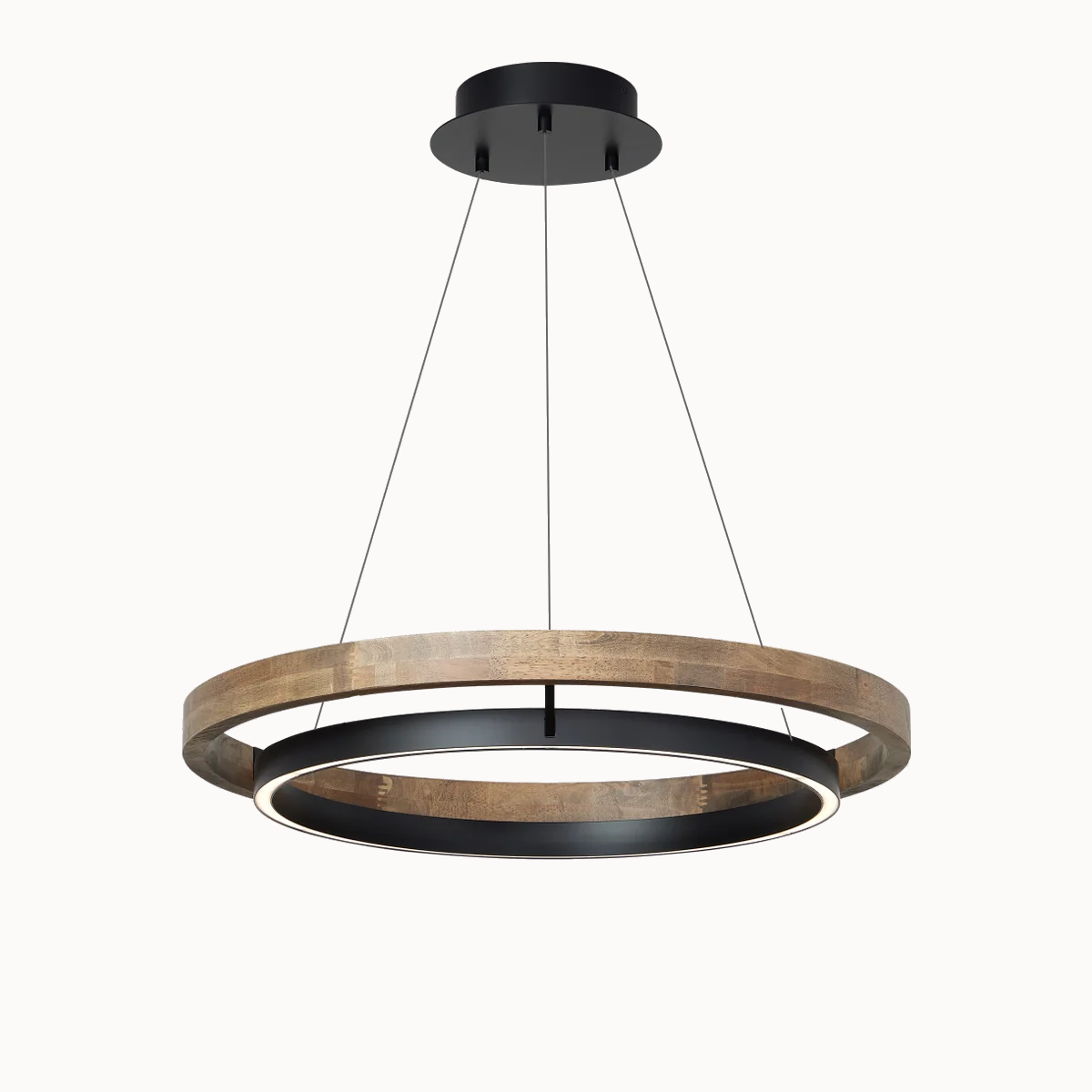 Circular Wood LED Chandelier with Black Ring, Weathered Oak or Walnut