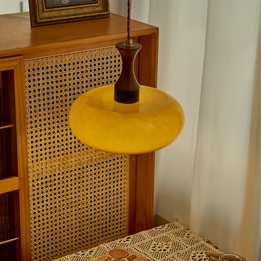 Glass and Wood Pendant Light with E27 Fitting, Retro Style