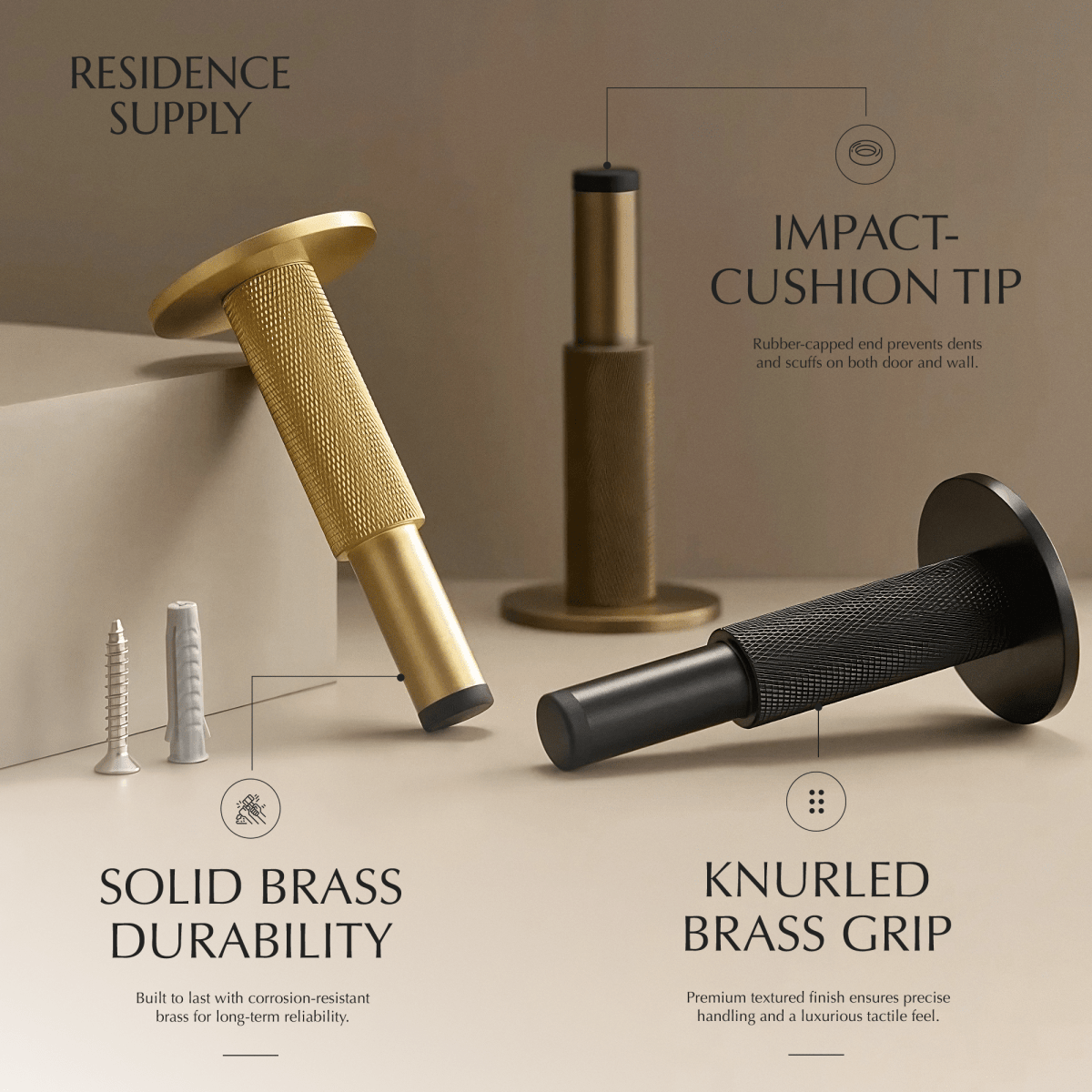 Solid Brass Door Stop with Knurled Finish and Rubber Buffer