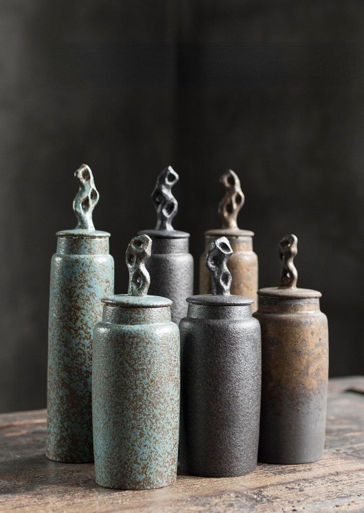 Wabi-Sabi Ceramic Tea Canister with Sculpted Lid, 19.5cm