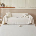 Tasselled Sofa Cover and Throw in Beige, 4 Sizes