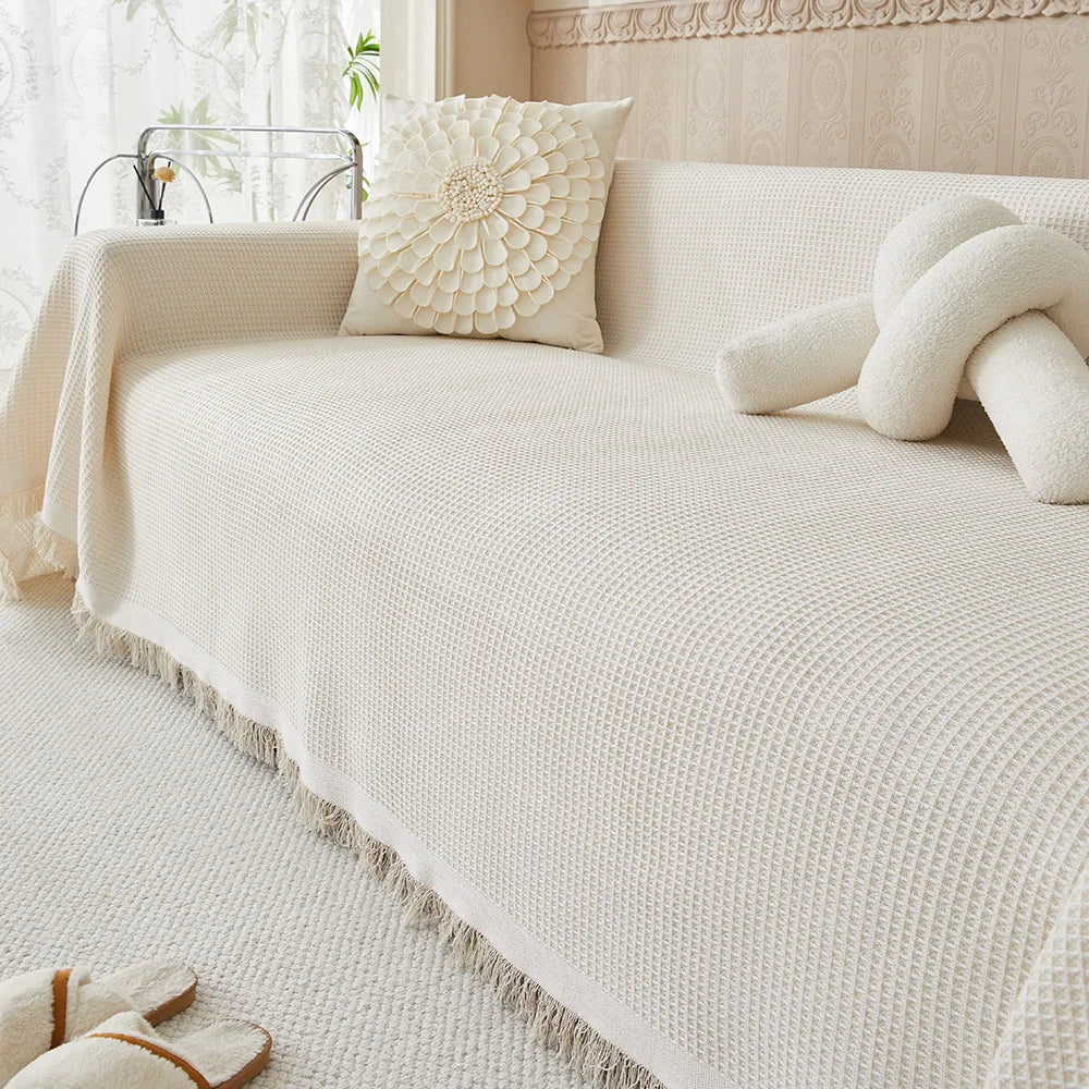 Tasselled Sofa Cover and Throw in Beige, 4 Sizes