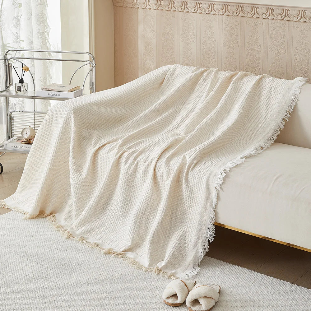 Tasselled Sofa Cover and Throw in Beige, 4 Sizes