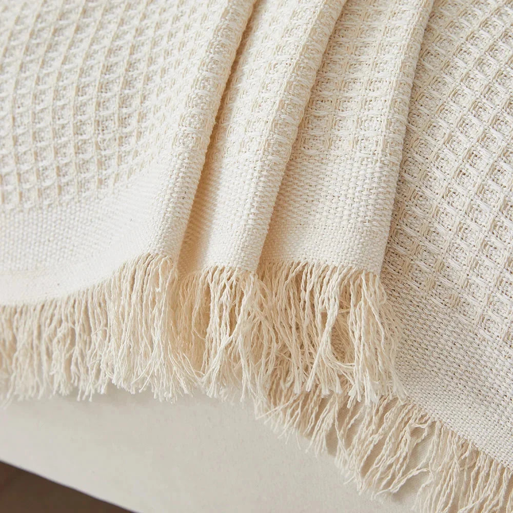 Tasselled Sofa Cover and Throw in Beige, 4 Sizes