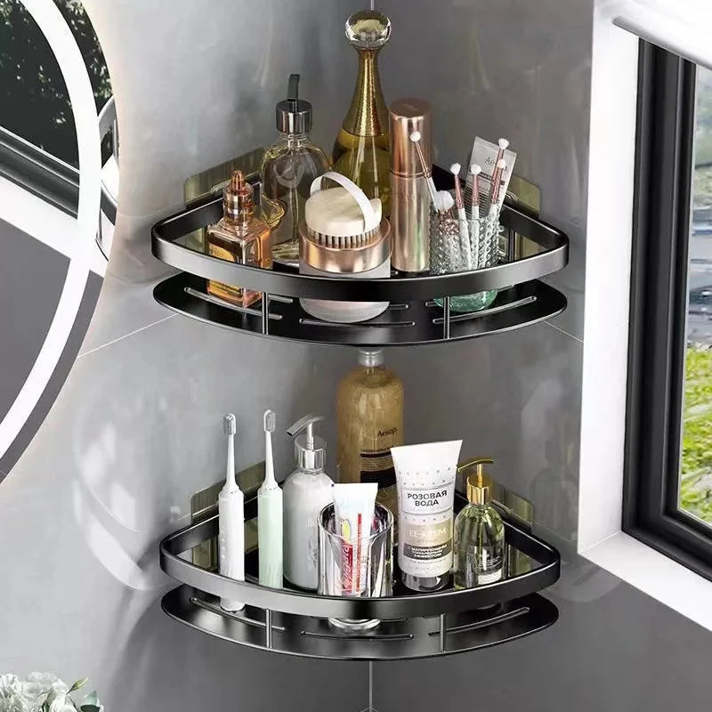 No-Drill Aluminium Corner Bathroom Shelf with Perforated Base