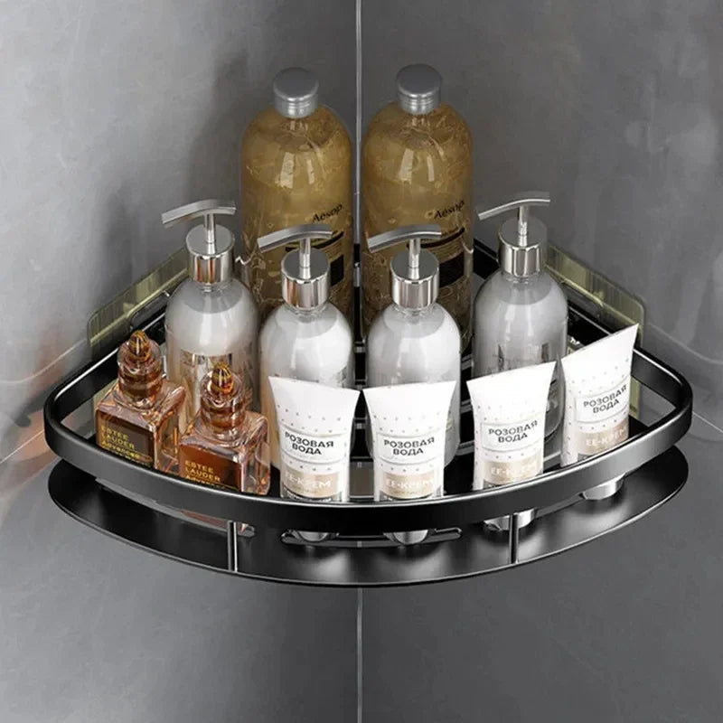 No-Drill Aluminium Corner Bathroom Shelf with Perforated Base