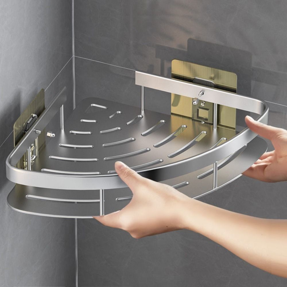 No-Drill Aluminium Corner Bathroom Shelf with Perforated Base