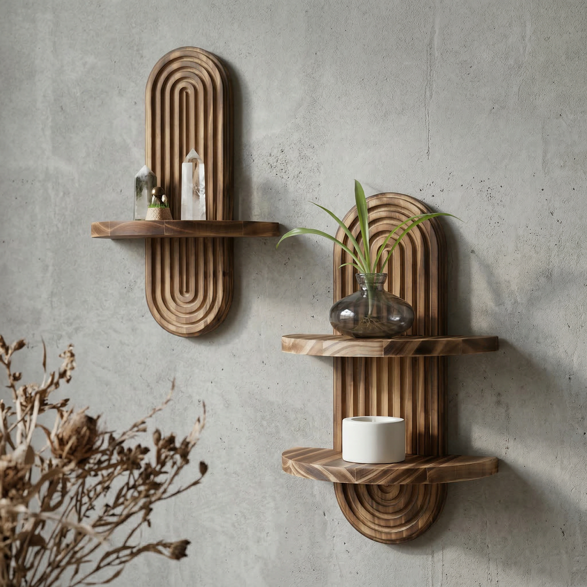 Boho Fluted Arch Wall Shelf in Solid Wood