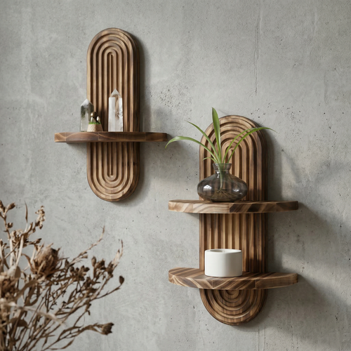 Boho Fluted Arch Wall Shelf in Solid Wood