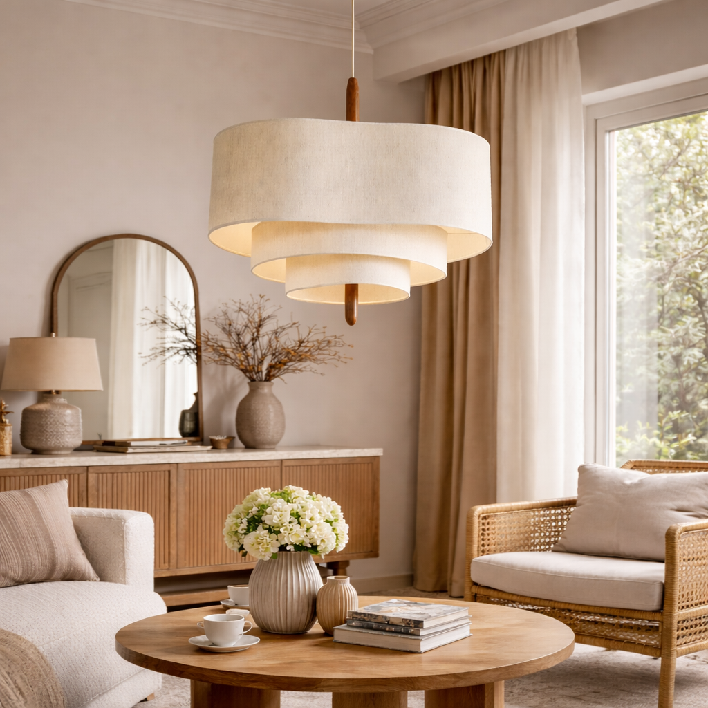 Japandi Fabric Pendant Light with Wood and Metal, Two Sizes