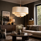 Japandi Fabric Pendant Light with Wood and Metal, Two Sizes
