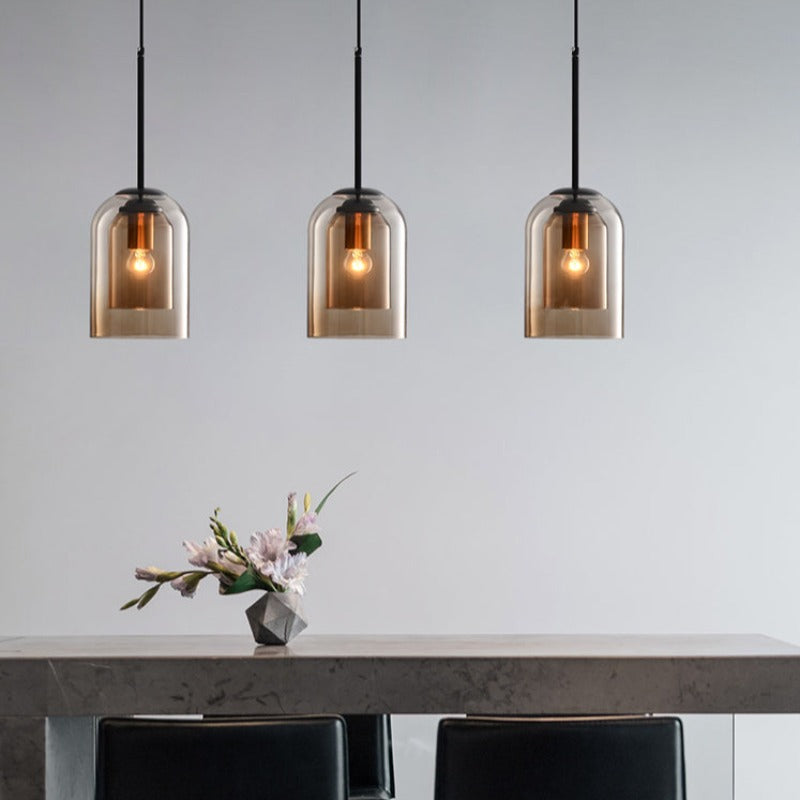 Double Glass Pendant Light, Mid-Century Iron, E27, Dimmable
