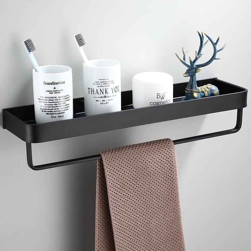 Slim Black Aluminium Wall Shelf, 30 to 50 cm, Optional Hooks