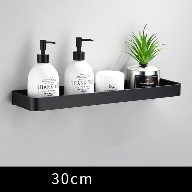 Slim Black Aluminium Wall Shelf, 30 to 50 cm, Optional Hooks