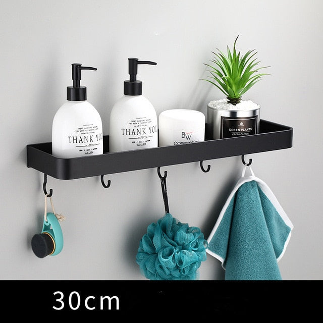 Slim Black Aluminium Wall Shelf, 30 to 50 cm, Optional Hooks