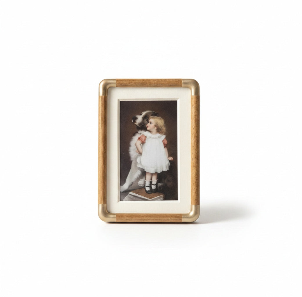 Vintage Wood Photo Frame with Gold Metal Corners