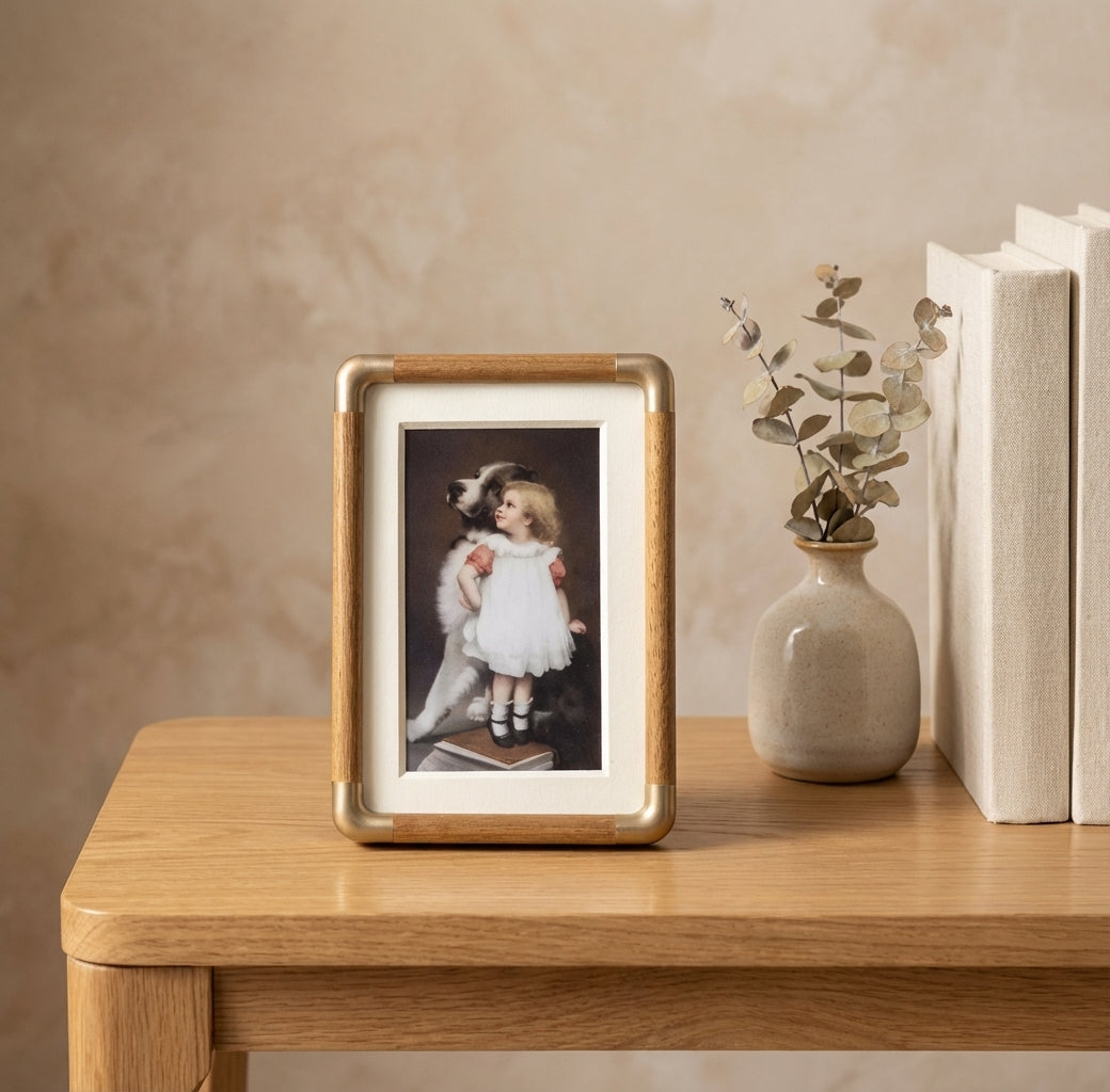 Vintage Wood Photo Frame with Gold Metal Corners