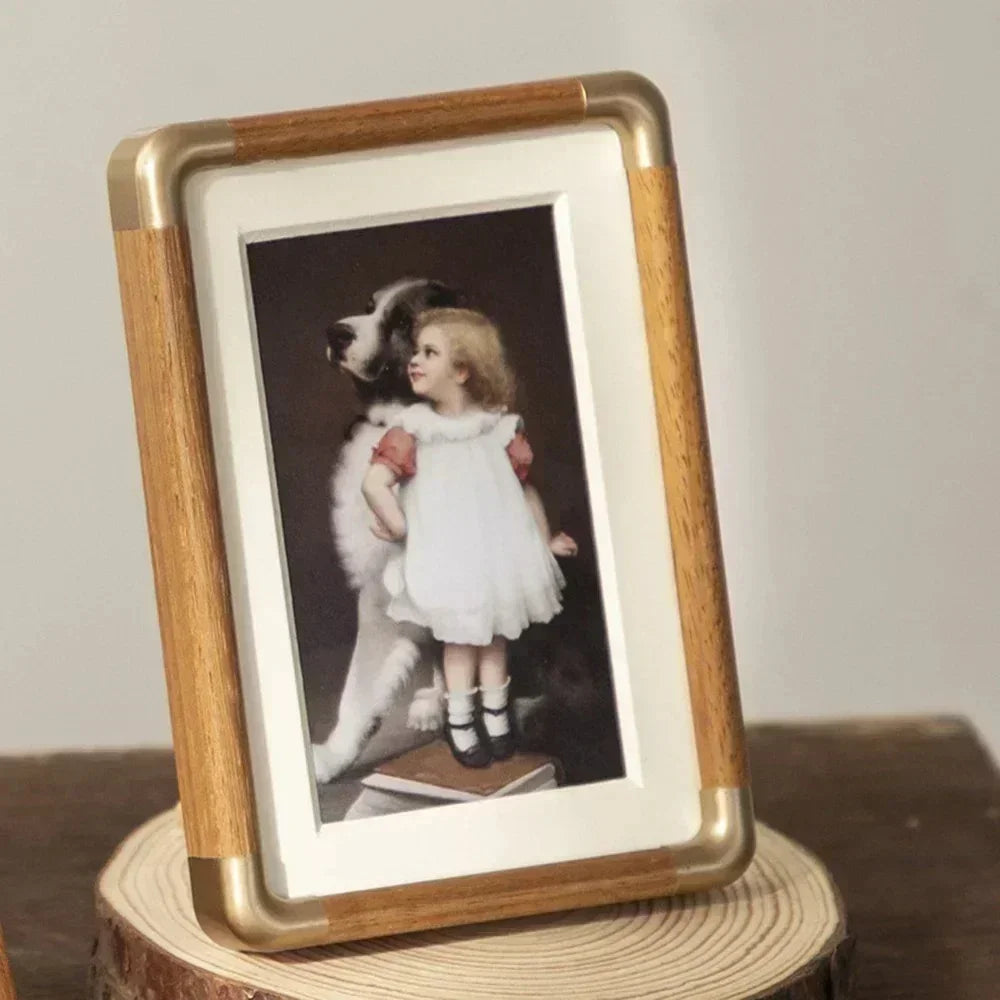 Vintage Wood Photo Frame with Gold Metal Corners