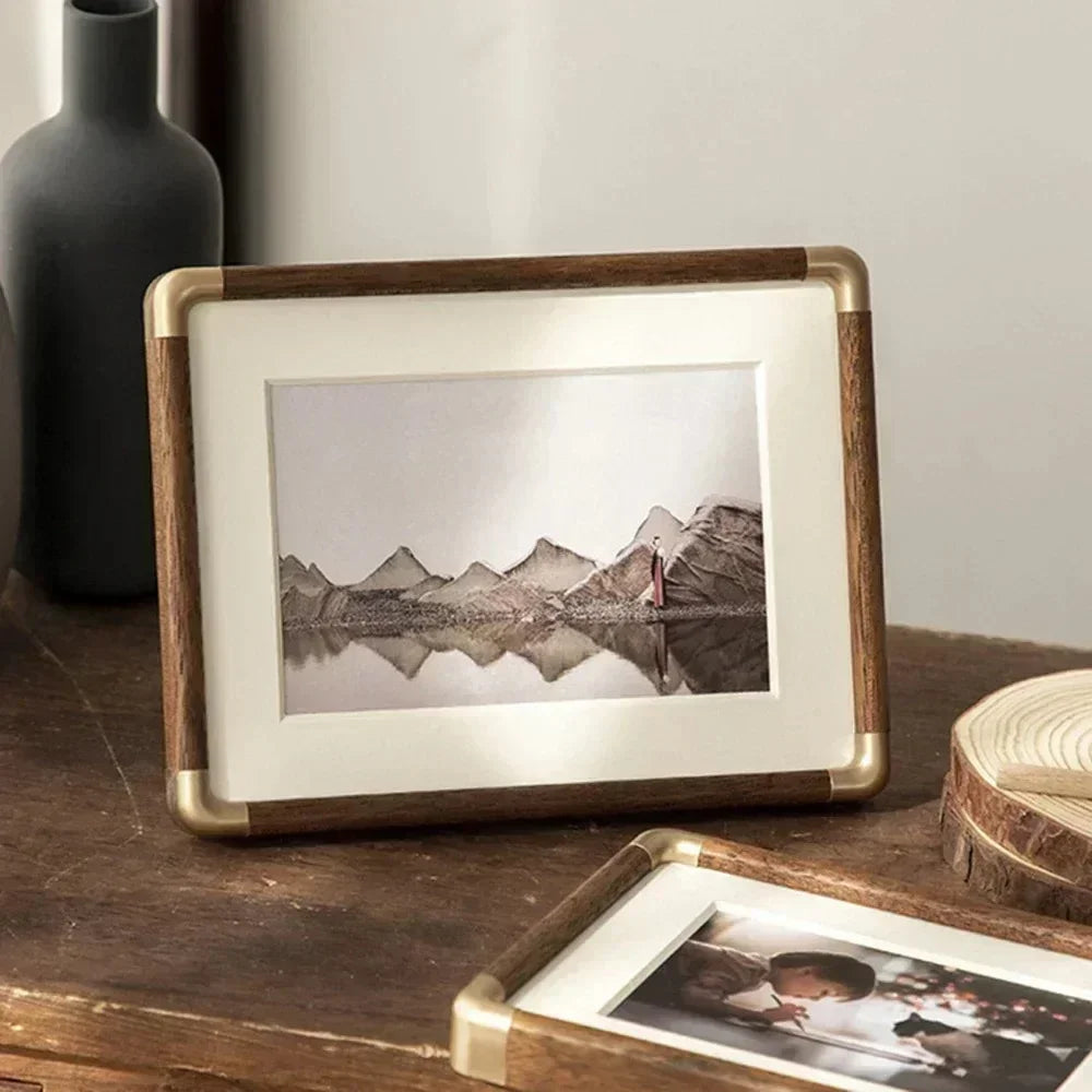 Vintage Wood Photo Frame with Gold Metal Corners